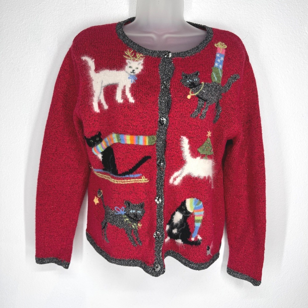 Northern Isles Holiday 2004 Cat Christmas Cardigan Red Metallic Sweater Womens M